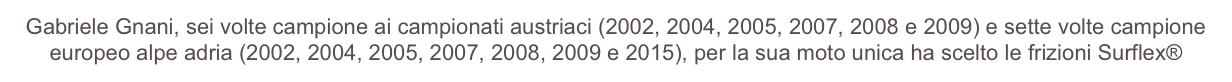 Gabriele Gnani, sei volte campione ai campionati austriaci (2002, 2004, 2005, 2007, 2008 e 2009) e sette volte campione europeo alpe adria (2002, 2004, 2005, 2007, 2008, 2009 e 2015), per la sua moto unica ha scelto le frizioni Surflex®